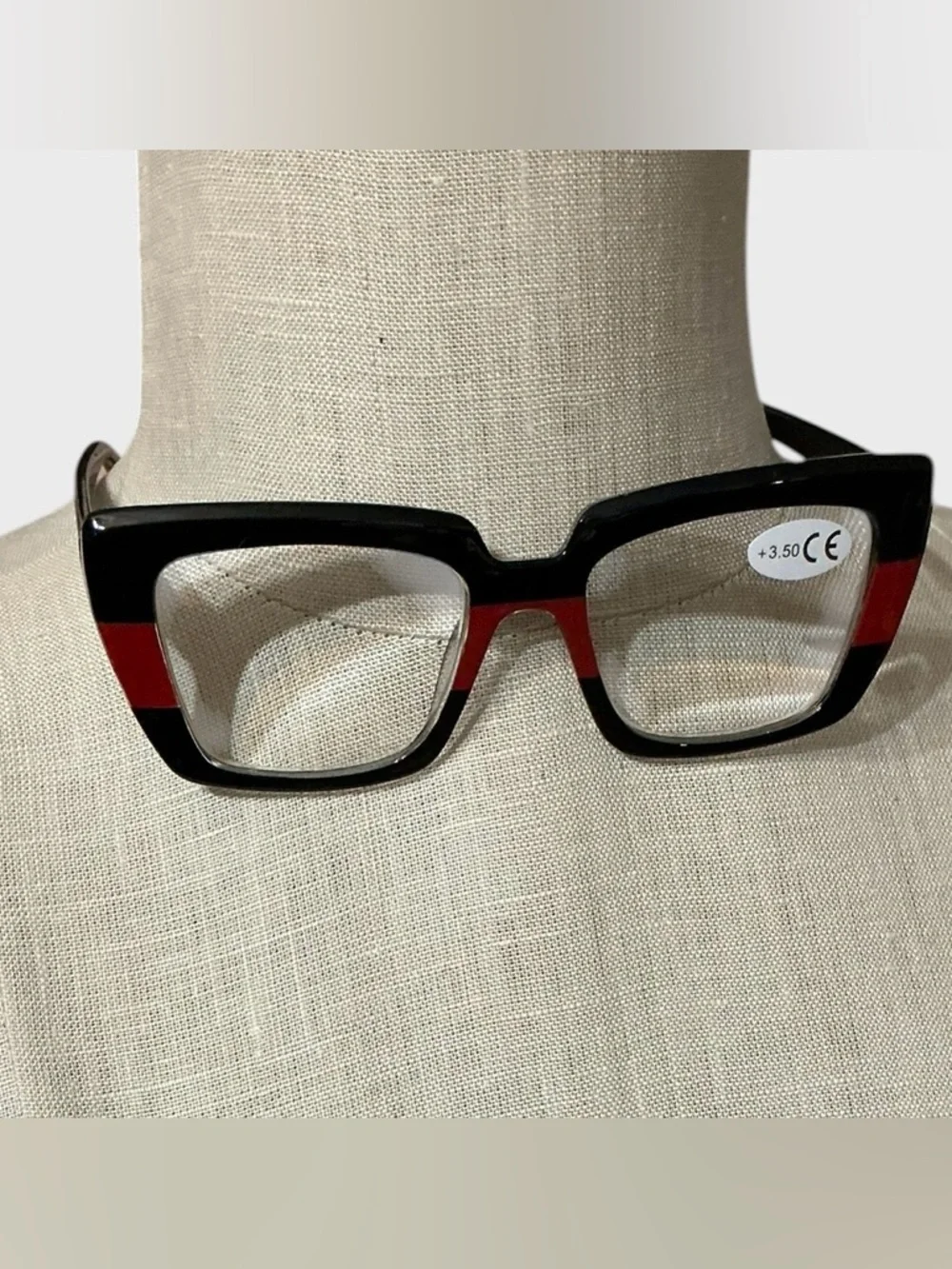 Oversized Square Reading Glasses Black Red Stripe +3.50 Chic Frame